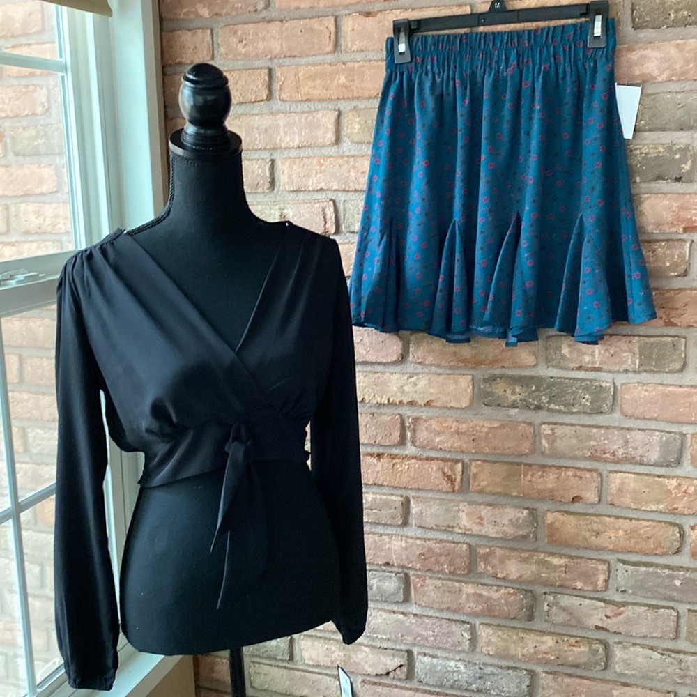 City Studio 2 Piece Elegant Black Top and Forest Green Floral Skirt Set Small
